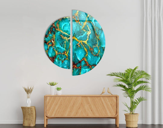 2 Piece Circle with green and gold marble design and marble detail is glass wall art and marble decor for wall art and glass decor