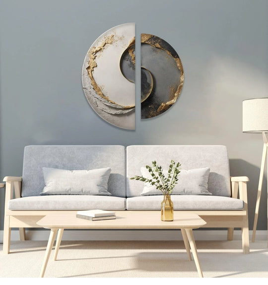 2 Pices Circle with grey and golden details is glass wall art showcasing abstract pictures and intricate textures for a modern glass decor touch