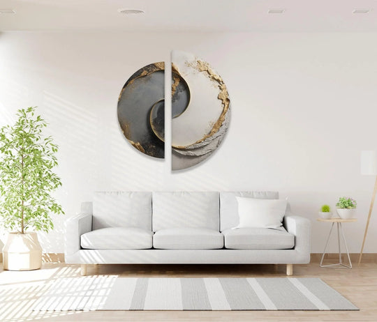 Glass wall art grey and gold abstract pictures with golden details plus 2 Piece wall art decor