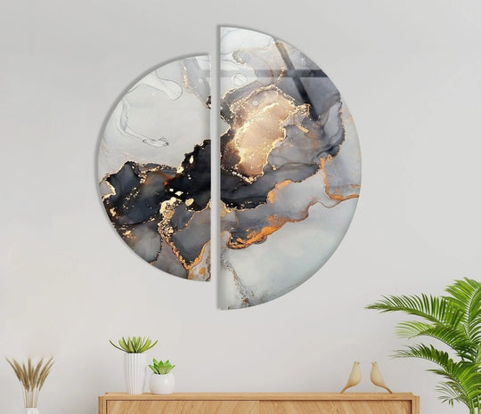 2 Pieces Circle glass wall art grey and golden marble finish and two piece decor with grey golden marble and upgrade your space