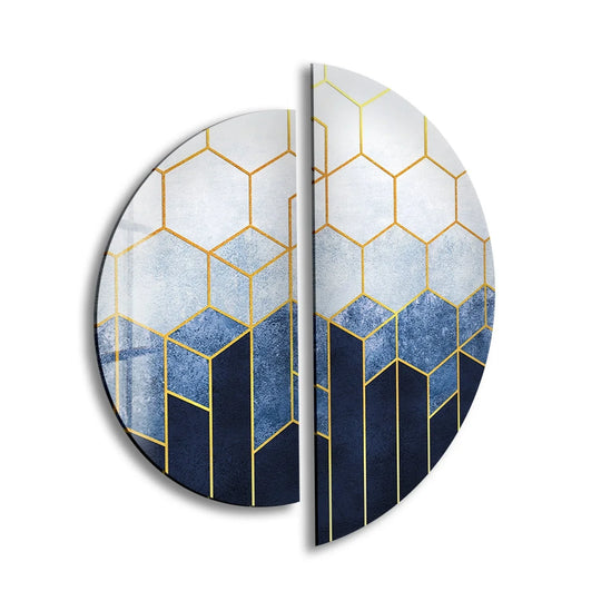 2 Pices Circle glass wall art abstract geometric decor with hexagon motif and navy and gold design plus modern wall accent