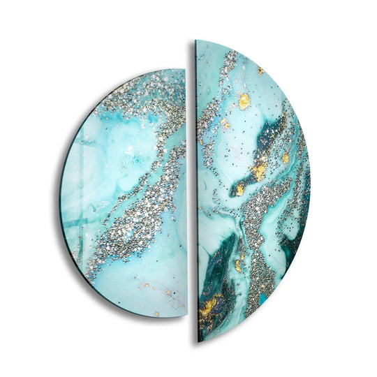 2 Pices Circle light blue glass wall art with silver and abstract finish and blue tones and abstract pattern is 2 piece wall art