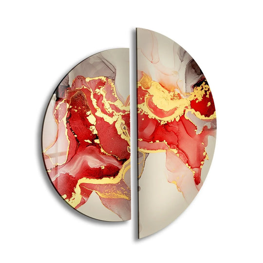 2 Pices Circle with red alcohol ink plus gold accents is glass wall art and elegant glass decor piece