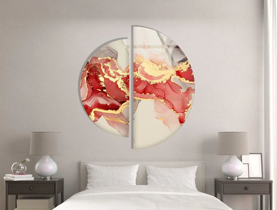 2 Pices Circle with red alcohol ink and gold detail is glass wall art and elegant modern wall decor piece