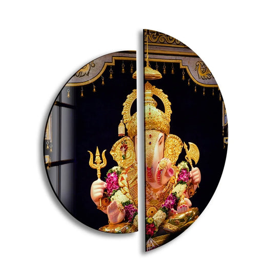2 Pices Circle featuring Hindu God Ganesha Statue and gold details plus glass wall art for spiritual home decor and blessings