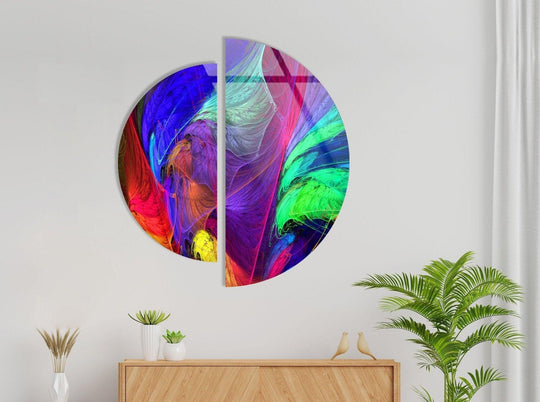 2 Pieces Circle features neon abstract design and glass wall art and bold colors makes striking home decor