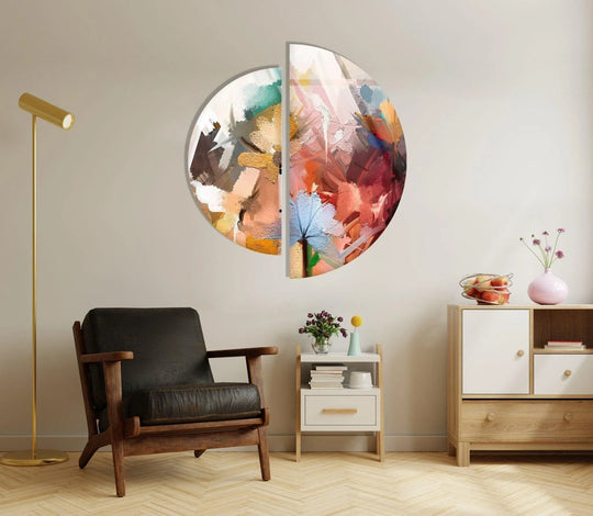 2 Piece Circle with oil painting floral abstract and glossy glass wall art for home decor style on a white wall
