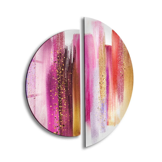 2 Pices Circle featuring pink and gold abstract brush strokes and 2 piece pink abstract plus modern decor glass wall art