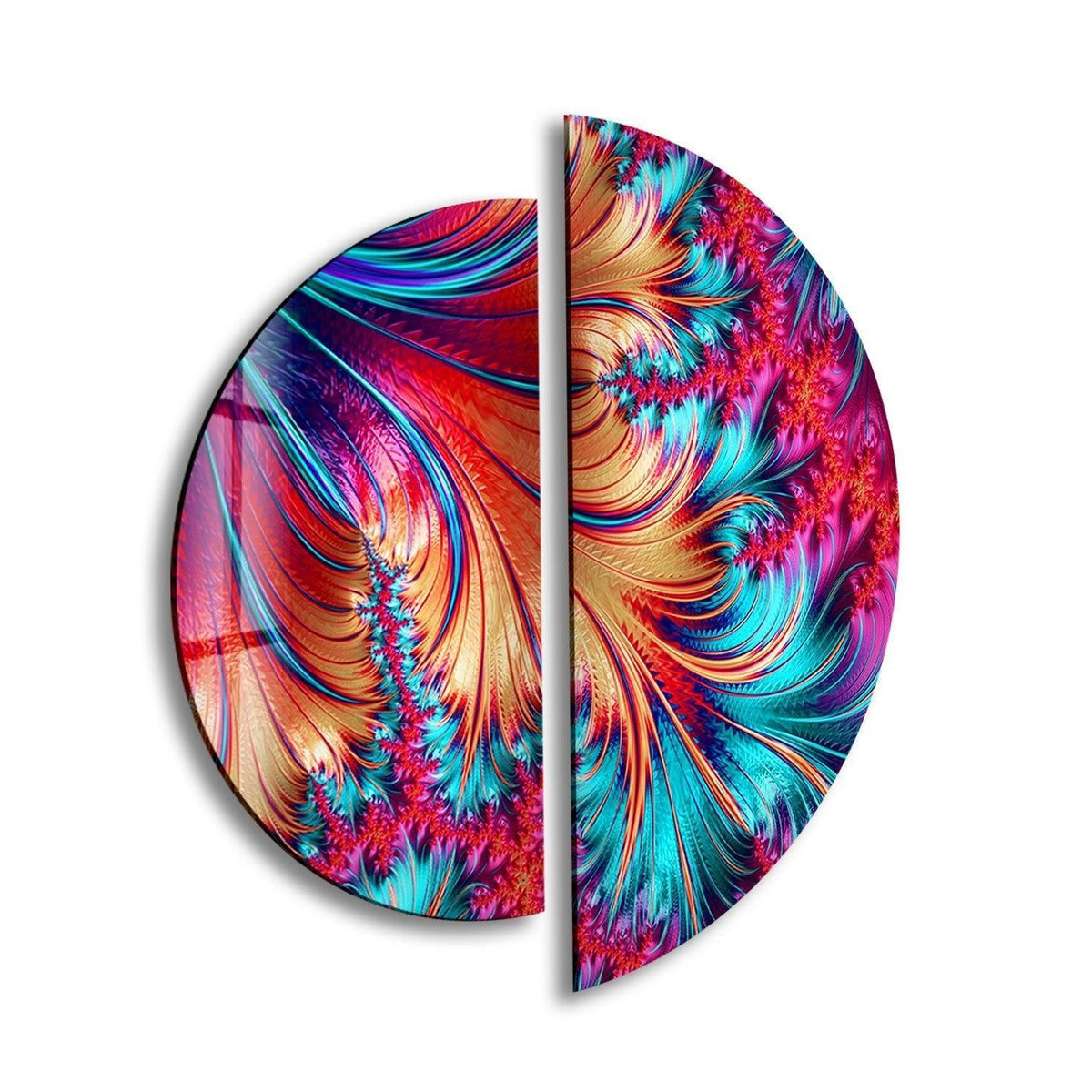 Dominant red hues highlight the swirling fractals in this two-piece abstract glass wall art, offering vibrant wall prints for a luxurious decor.