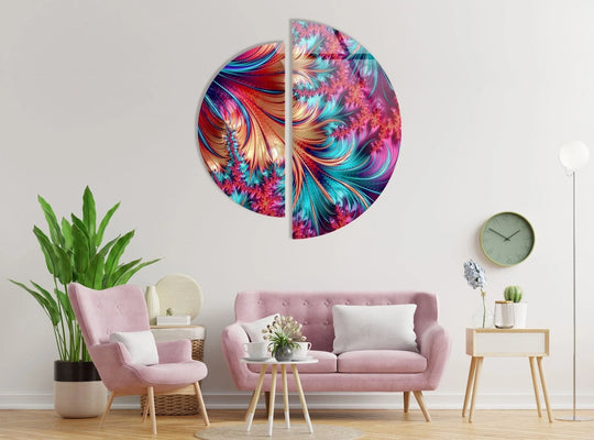 2 Pices Circle with red fractal abstract design is glass wall art plus bold swirls and vibrant colors for decor
