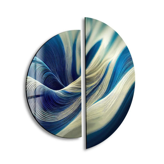 2 Piece Circle glass wall art white and blue abstract motif and unique modern artwork for wall decor with fluid design