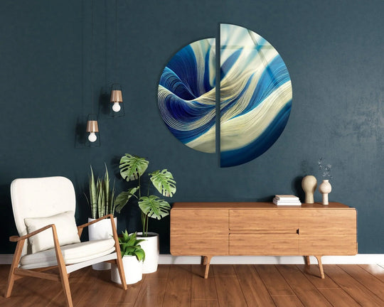 2 Pices Circle blue and white abstract glass wall art with fluid design and modern patterns is unique glass decor