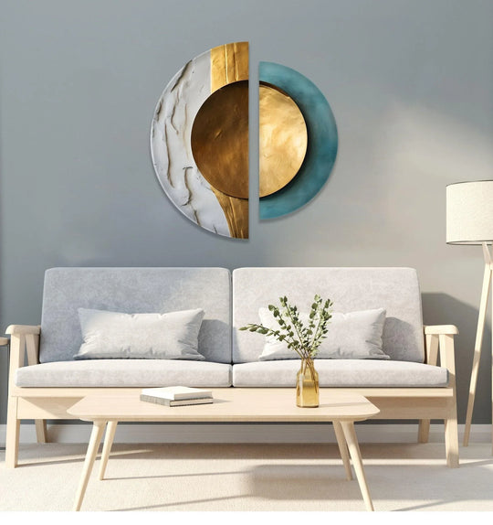 2 Pices Circle with white and golden details is abstract glass wall art for modern decor enhanced with vibrant UV printing on tempered glass