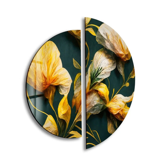 2 Pieces Circle featuring yellow flowers glass wall art botanical decor and floral elegance