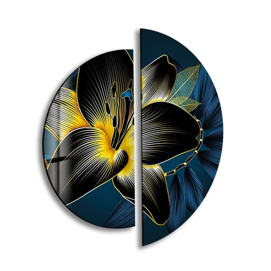 2 Pices Circle black and yellow abstract flower glass wall art features bold statement decor and modern design