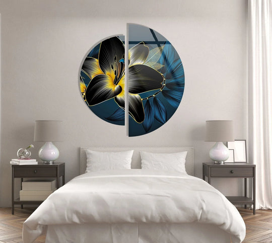 2 Pieces circle glass wall art dark abstract flower design and vibrant gold highlights is statement home decor with flower motif