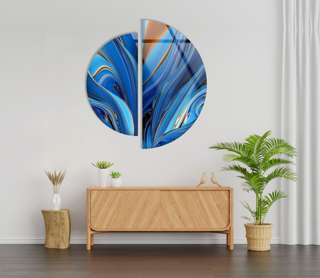 2 Pieces Round Blue Fractal Wall Art Glass Wall Art custom glass pictures, glass art prints
