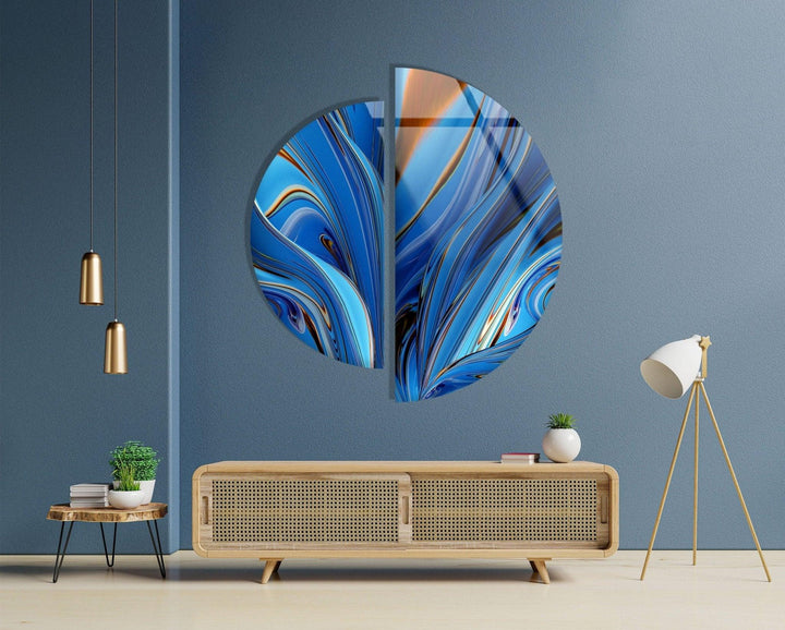 2 Pieces Round Blue Fractal Wall Art Glass Wall Art glass pictures for Wall, glass prints wall art
