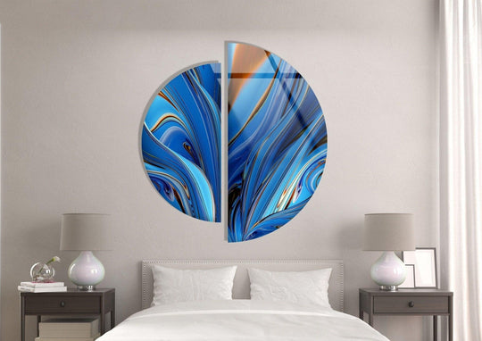 2 pieces circle abstract blue fractal glossy glass wall art and modern decor plus circle abstract art on a wall