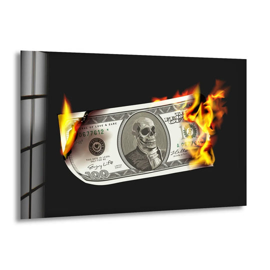 The softest element in this glass art painting is the vibrant, wispy flame engulfing the burning hundred-dollar bill.