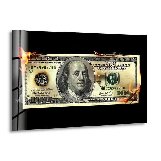 A hundred dollar bill burns dramatically, presented as a glass art painting for striking wall decor.