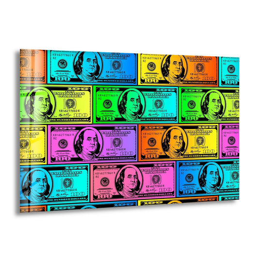 Pop art dollar bills in vibrant neon colors create a striking wall art print background.