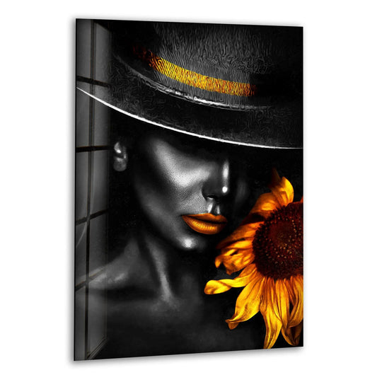 A dark, textured hat frames the face of a woman in this striking black and gold wall art prints.