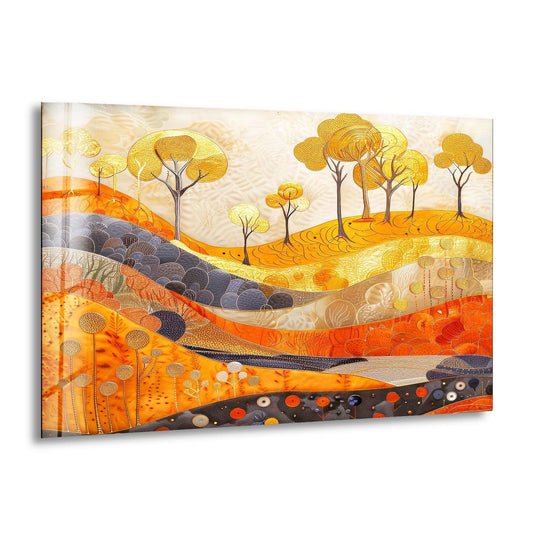 Forest Landscape Painting glass wall art shows an abstract golden forest motif and landscape decor and is stunning cool art featuring radiant autumn hues