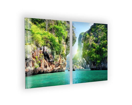 Minimal negative space accentuates the stunning Thailand Phuket Island landscape in this two-piece print wall art, capturing the natural beauty of the exotic rock formations.
