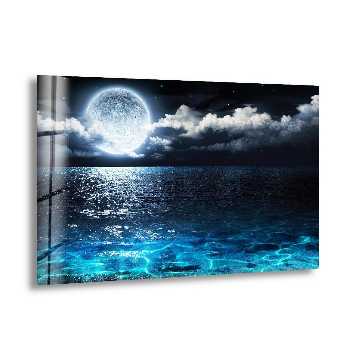 Reflecting surface texture emphasizes the shimmering, luminous qualities of this moon over the ocean glass wall artwork, creating an ethereal seascape.