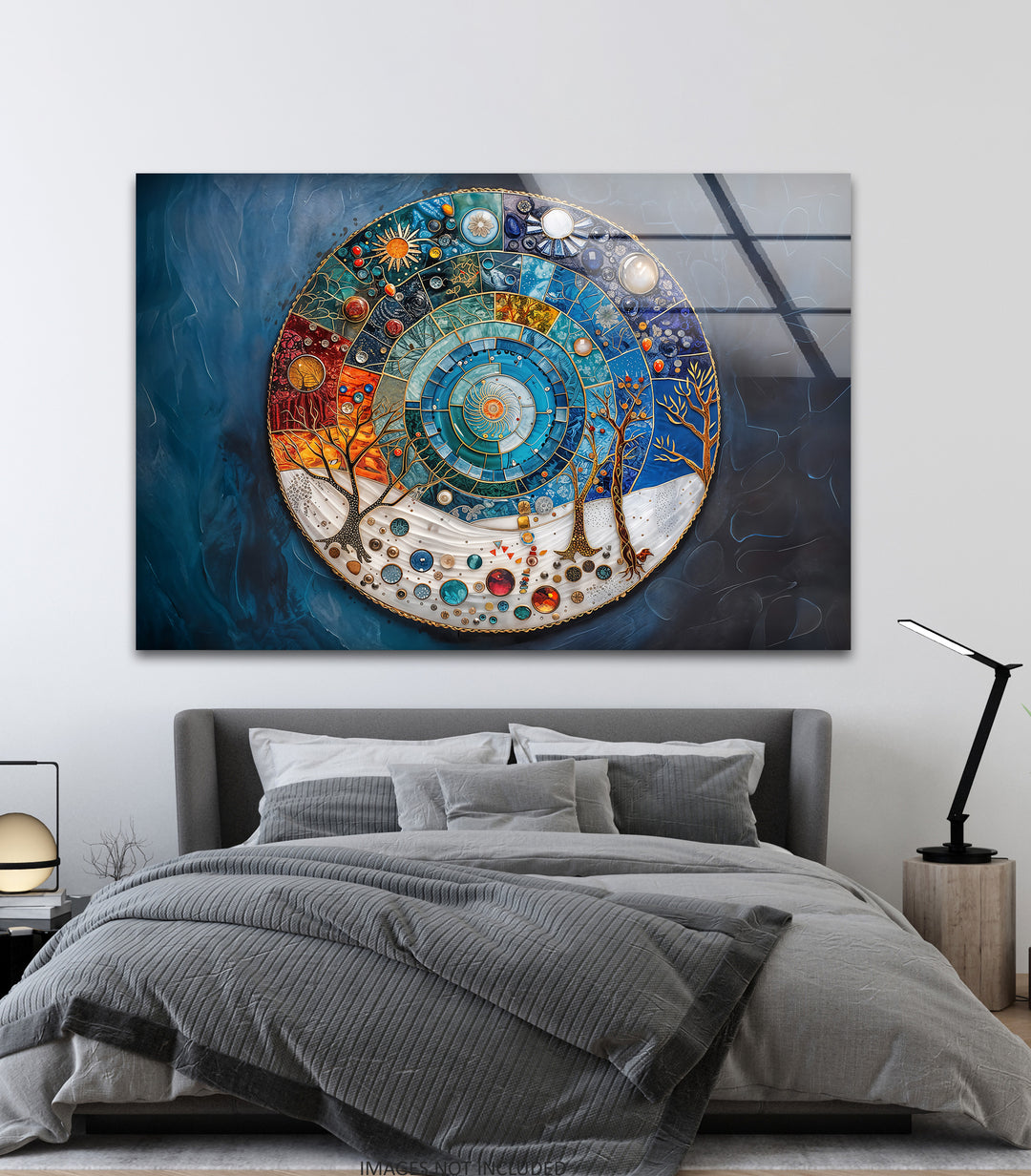 A vibrant circular Cosmic Cycle Mandala glass wall art, featuring intricate abstract universe wall prints with seasonal motifs, stands out prominently.