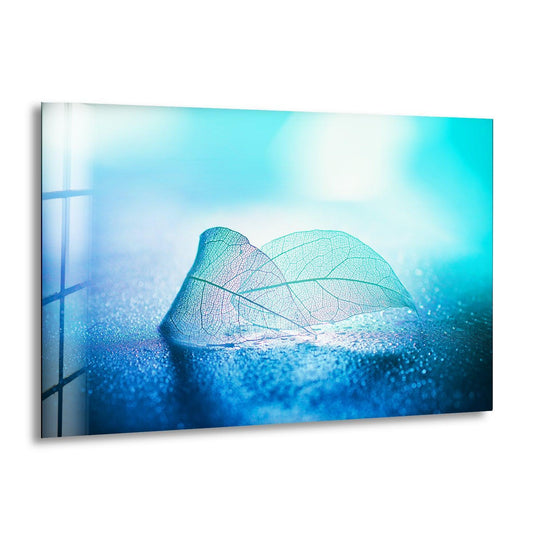 Blue skeleton leaf glass art painting with a reflective border and visible edge details.