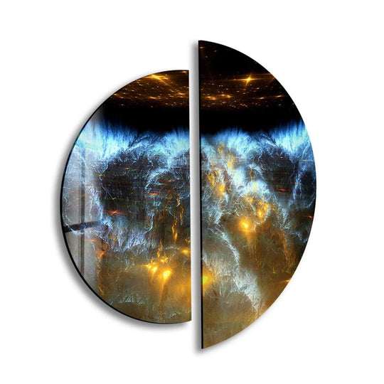 Glistening with light, the loudest element in this two pieces round dark blue abstract glass wall art is the bright yellow accents of a stunning print wall art.