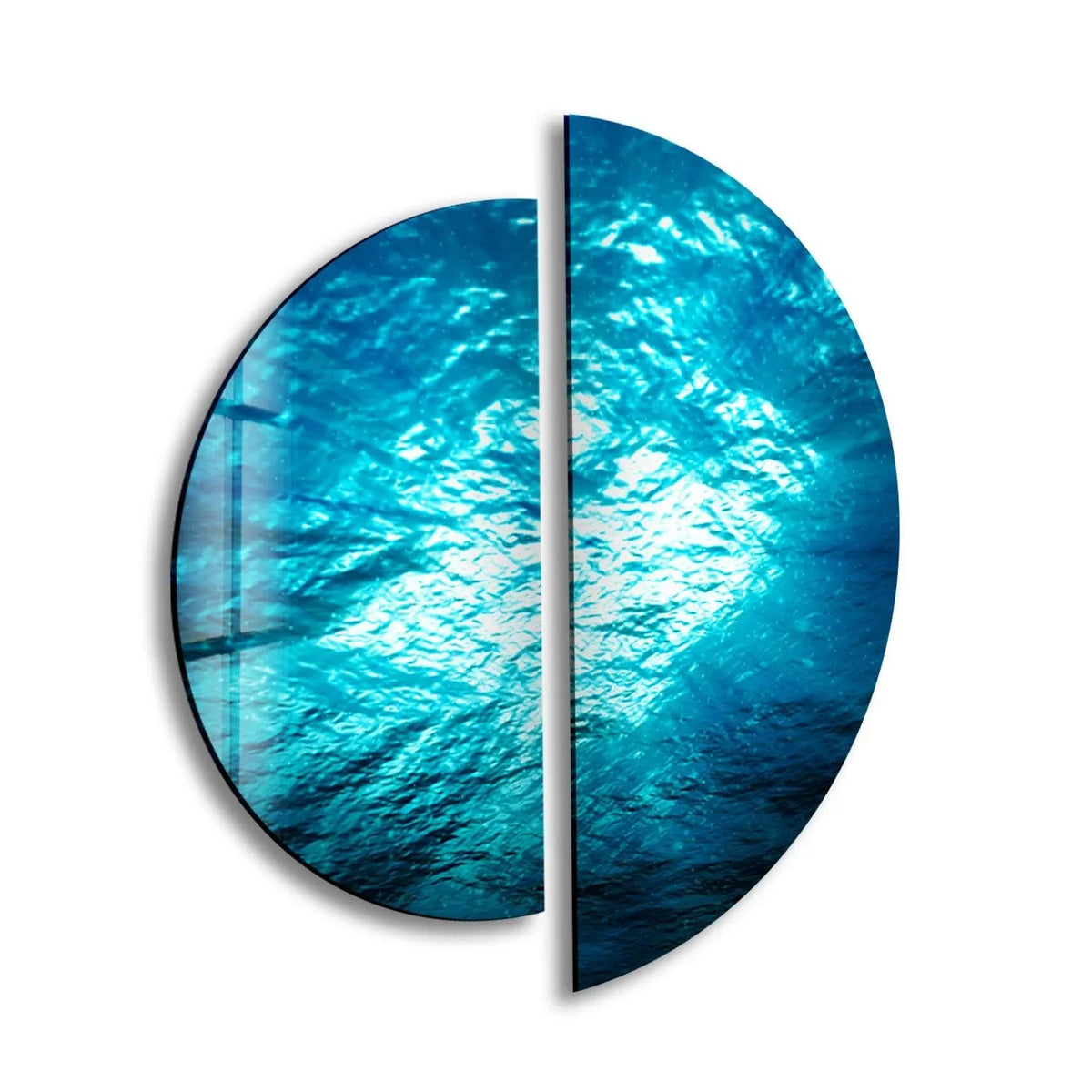 Azure set of 2 half circle glass wall art showcases the dominant color with an ocean deep view, resembling a vibrant glass art painting.