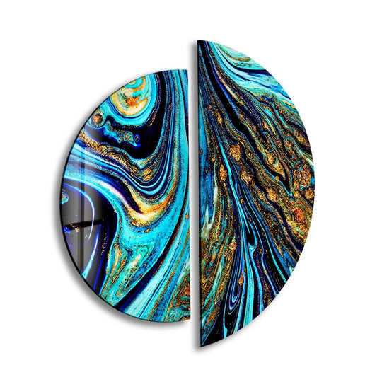 Horizontally oriented, the two-piece round abstract glass wall art showcases a striking blue and gold design perfect for modern home decor.
