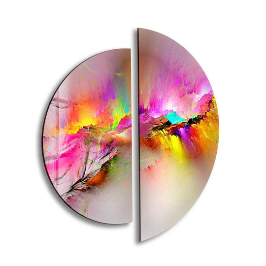 Negative space defines the abstract flow of colors in these two-piece round wall art prints, creating a captivating visual for modern wall art prints.
