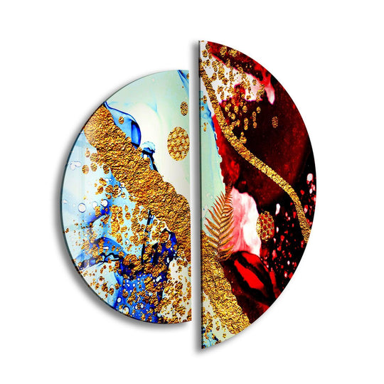 Textured abstract patterns define the surface of this two-piece round red and blue best glass art, adding depth to its modern aesthetic.