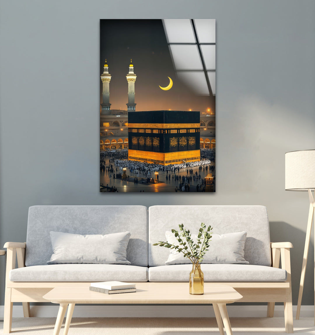 Sacred Night – Kaaba Under Crescent Moon Glass Wall Art
