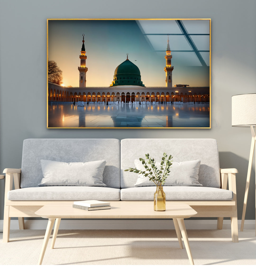 Golden Tranquility – Al-Masjid an-Nabawi Sunset Glass Wall Art