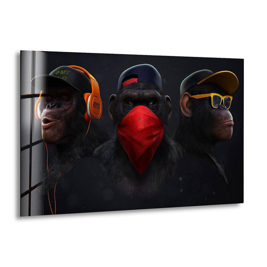 Glass wall art depicting three swag monkeys in a modern urban Banksy inspired style with headphones bandana and sunglasses