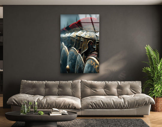 The realistic detail showcases the battle-worn armor and shields of Spartan warriors in high-quality glass wall prints, capturing their unity and valor.