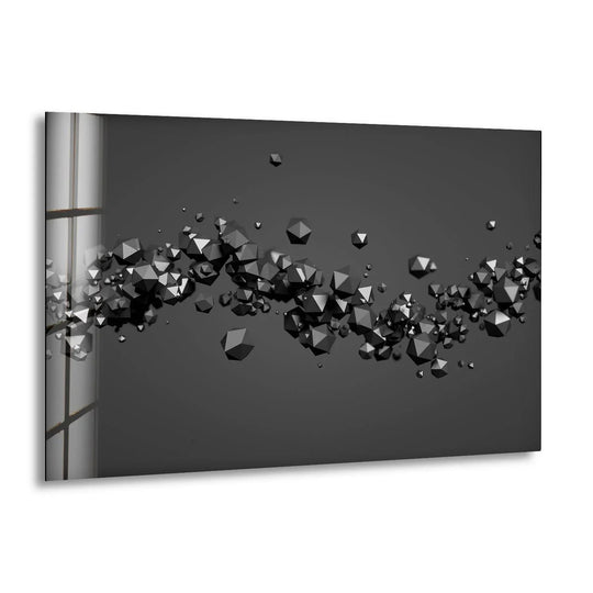 Floating geometric black crystals forming an abstract wave in modern glass wall art.