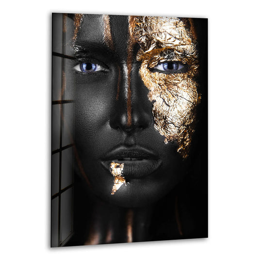 Cool art glass wall art black and gold motif and woman subject and modern glass wall decor and interior decor theme
