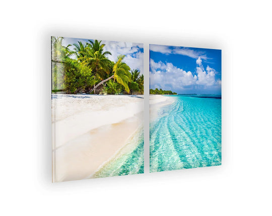 Maldives beach glass wall art shows a tropical landscape and ocean view with blue sky and white sand a relaxing coastal decor art piece