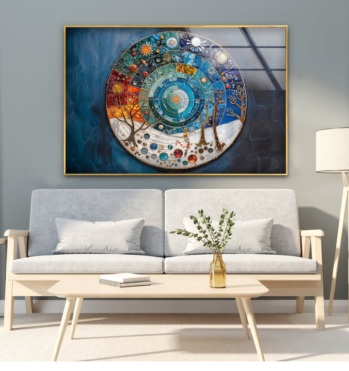 The realistic detail of this intricate cosmic mandala glass wall artwork showcases vibrant seasonal and abstract universe elements.