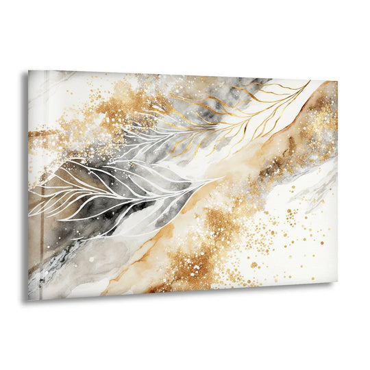 Abstract glass art painting showcases organic golden and white leaf-like forms against a marbled background.