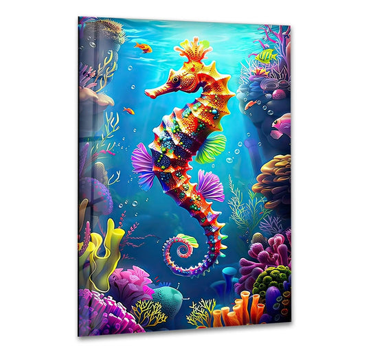 The seahorse is a colorful cartoon animal glass wall art and it features a bright underwater scene and 3D cartoon seahorse animal for ocean inspired decor and vibrant ocean wall art