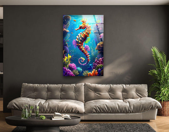 3D Cartoon Seahorse glass wall art features colorful underwater coral reef decor and brings ocean inspired art into the living room