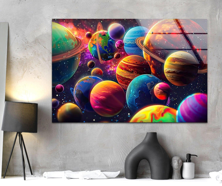 3D Colorful Planets Glass Wall Art custom glass pictures, glass art prints

