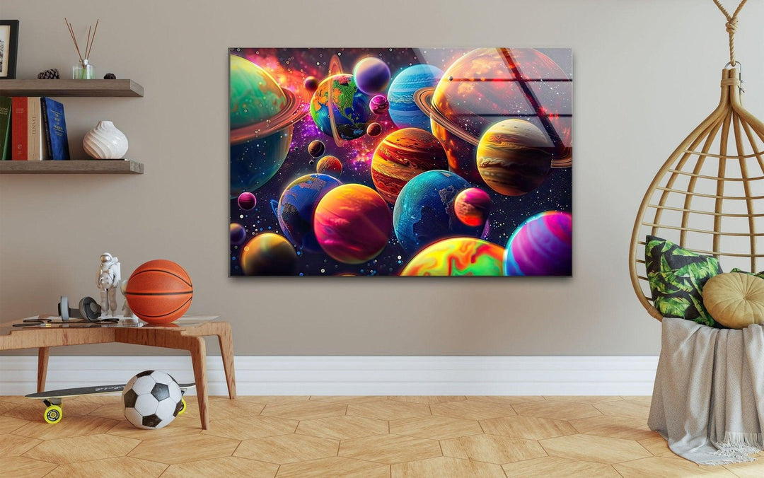 3D Colorful Planets Glass Wall Art photo print on glass, prints on glass wall art
